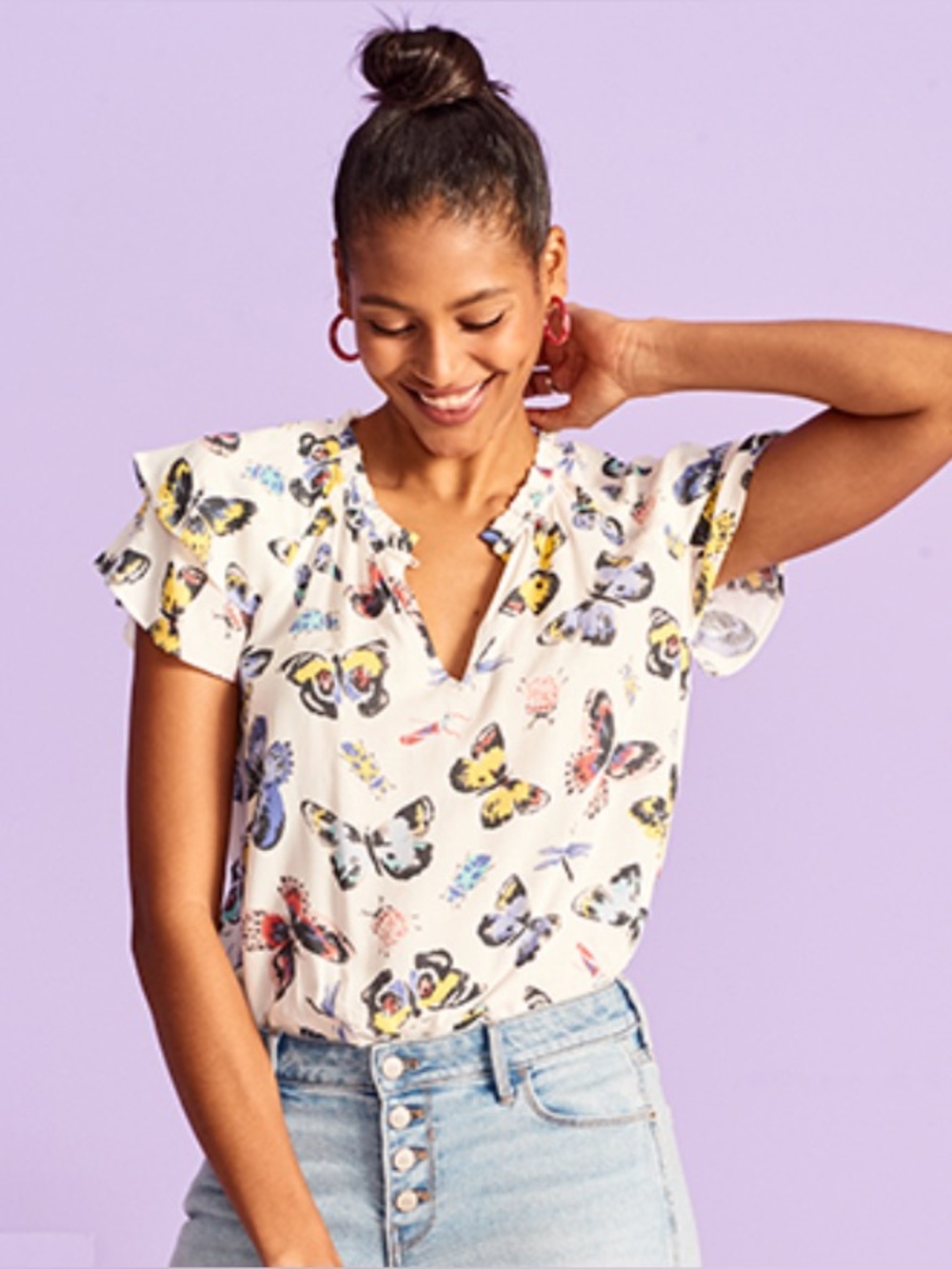 🌺 2/$20 Old Navy Womens Size small petite Butterfly & Bugs Blouse Short Flutter